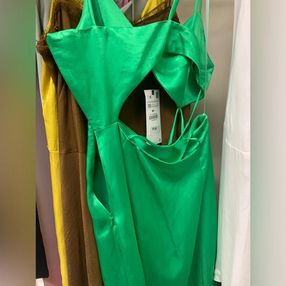 Worn once  Zara Satin Asymmetric Midi Dress - Green - Picture 3 of 5